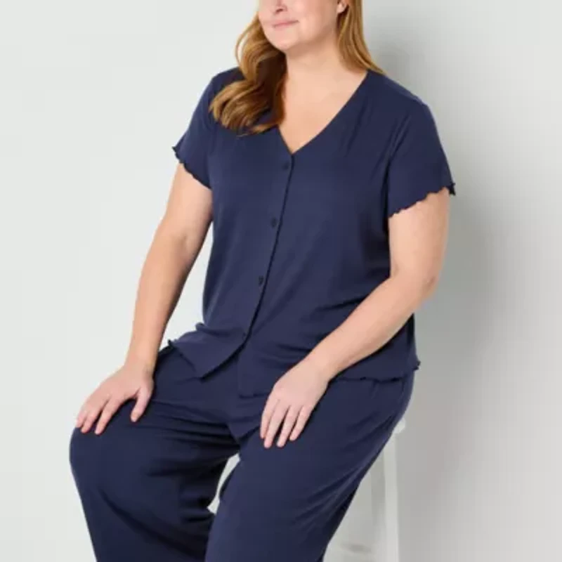 Liz Claiborne Womens Rib V-Neck Short Sleeve 2-pc. Plus Pajama Sets
