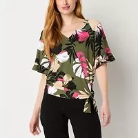 Liz Claiborne Womens V Neck Short Sleeve Wrap Shirt