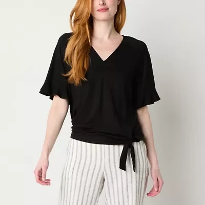 Liz Claiborne Womens V Neck Short Sleeve Wrap Shirt
