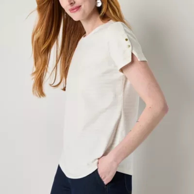 Liz Claiborne Womens Round Neck Short Sleeve Blouse