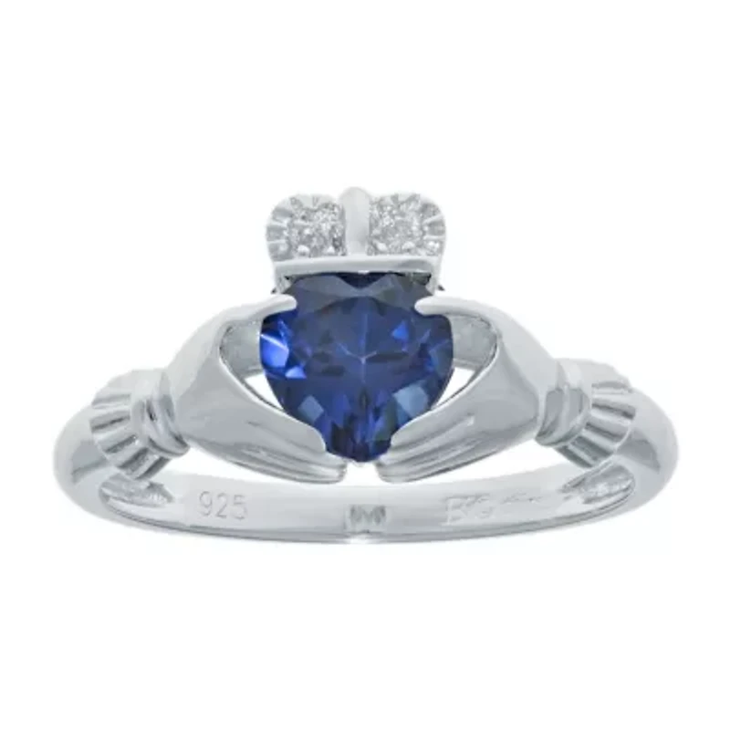 Heart-Shaped Lab-Created Sapphire and Diamond-Accent Sterling Silver Claddagh Ring