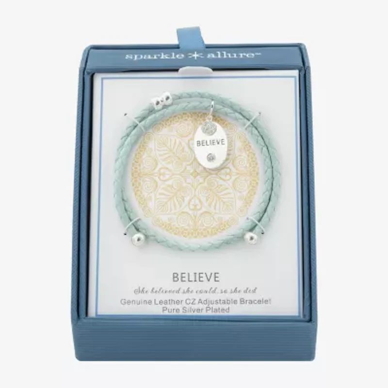 Sparkle Allure Blue Leather Coil Believe Womens Cubic Zirconia Pure Silver Over Brass Wrap Bracelet