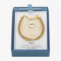 Sparkle Allure Leather Faith Womens Yellow Cubic Zirconia 14K Gold Over Brass Cross Round Charm Bracelet