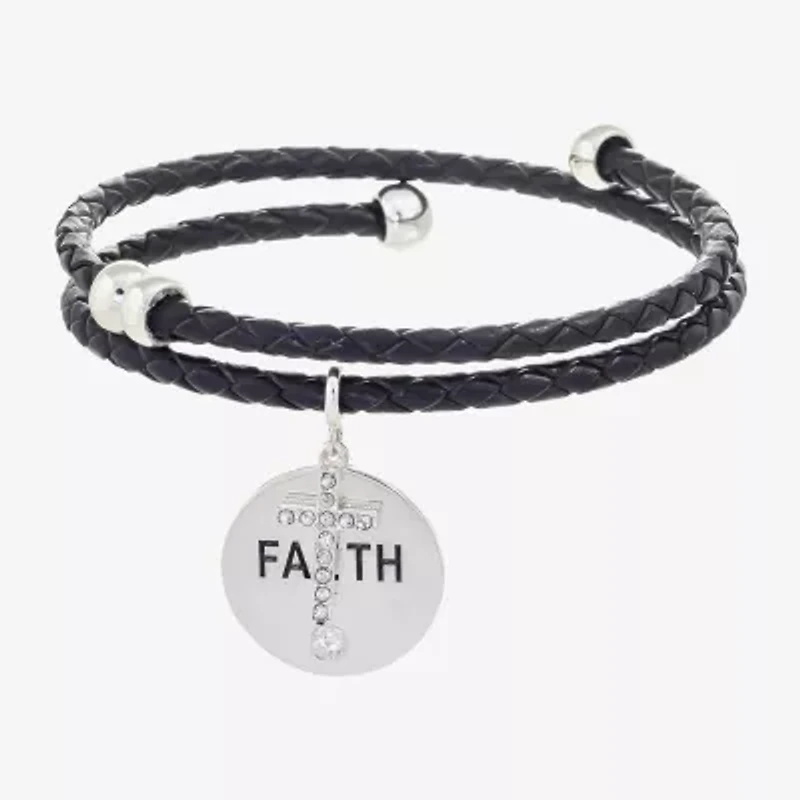 Sparkle Allure Leather Coil Faith Womens Cubic Zirconia Pure Silver Over Brass Wrap Bracelet
