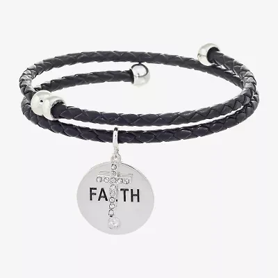 Sparkle Allure Leather Coil Faith Womens Cubic Zirconia Pure Silver Over Brass Wrap Bracelet