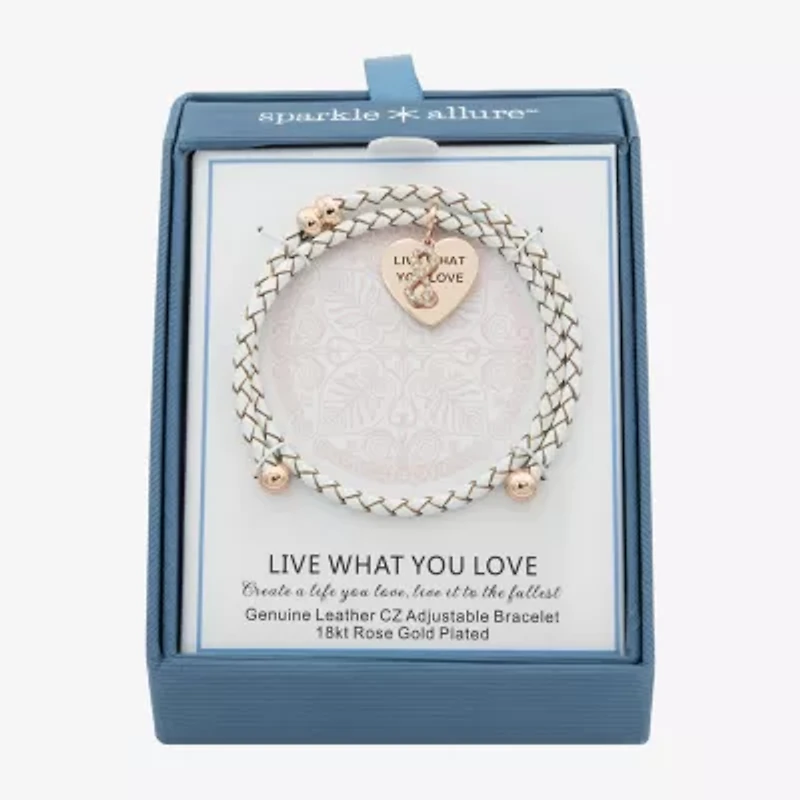 Sparkle Allure White Leather Coil Womens Cubic Zirconia 18K Rose Gold Over Brass Wrap Bracelet