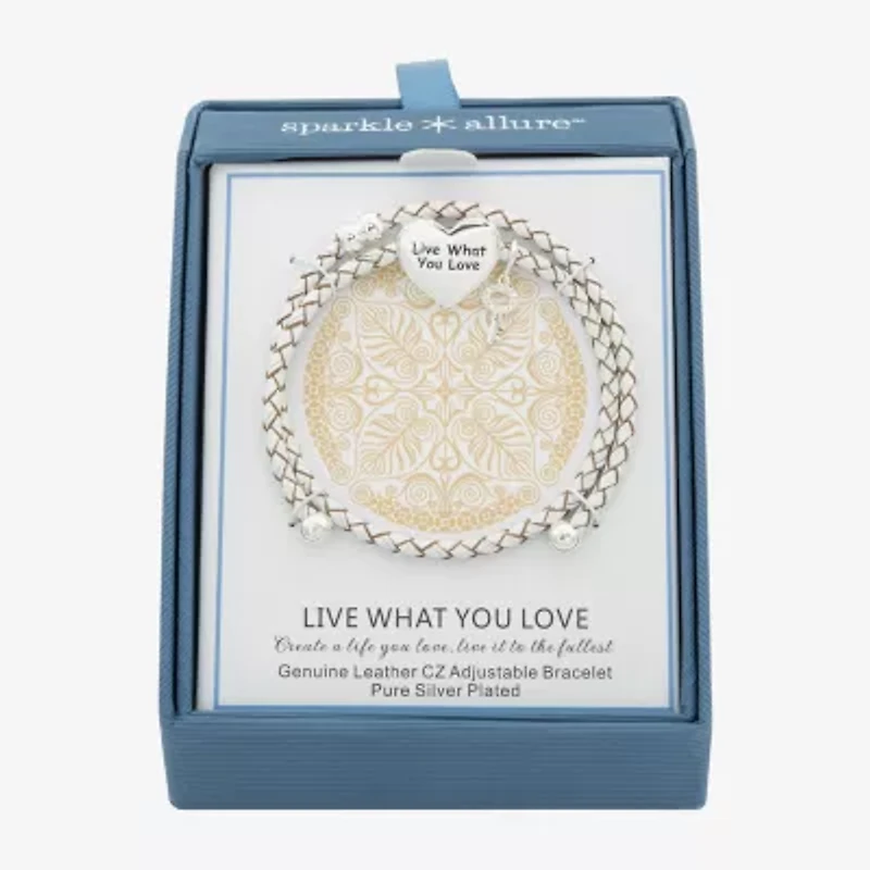 Sparkle Allure White Leather Coil Womens Cubic Zirconia Pure Silver Over Brass Wrap Bracelet