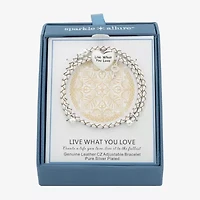 Sparkle Allure White Leather Coil Womens Cubic Zirconia Pure Silver Over Brass Wrap Bracelet