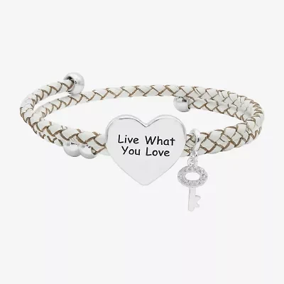 Sparkle Allure White Leather Coil Womens Cubic Zirconia Pure Silver Over Brass Wrap Bracelet