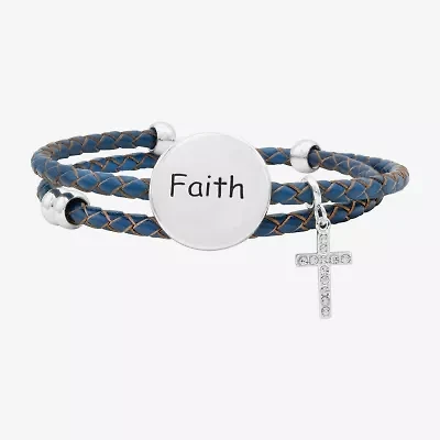 Sparkle Allure Leather Coil Faith Womens Cubic Zirconia Pure Silver Over Brass Wrap Bracelet