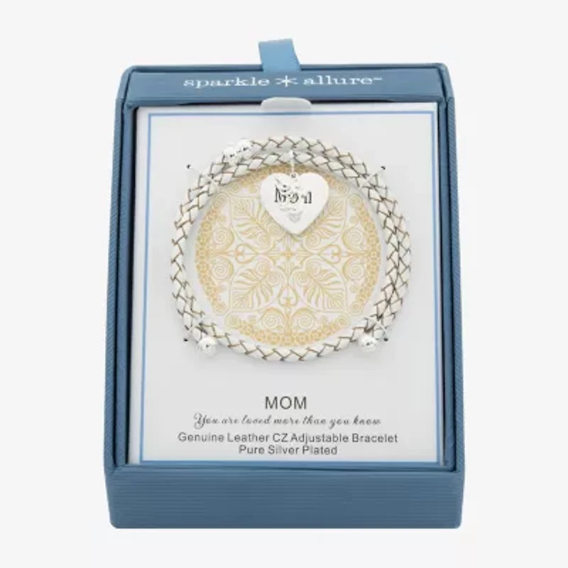 Sparkle Allure White Leather Coil Mom Womens Cubic Zirconia Pure Silver Over Brass Wrap Bracelet