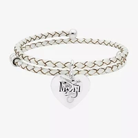 Sparkle Allure White Leather Coil Mom Womens Cubic Zirconia Pure Silver Over Brass Wrap Bracelet