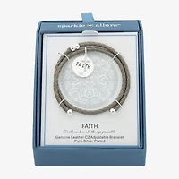 Sparkle Allure Grey Leather Coil Faith Womens Cubic Zirconia Pure Silver Over Brass Wrap Bracelet