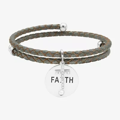 Sparkle Allure Grey Leather Coil Faith Womens Cubic Zirconia Pure Silver Over Brass Wrap Bracelet