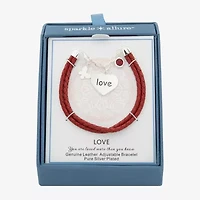 Sparkle Allure White Leather Love Womens Cubic Zirconia Pure Silver Over Brass Butterfly Heart Charm Bracelet