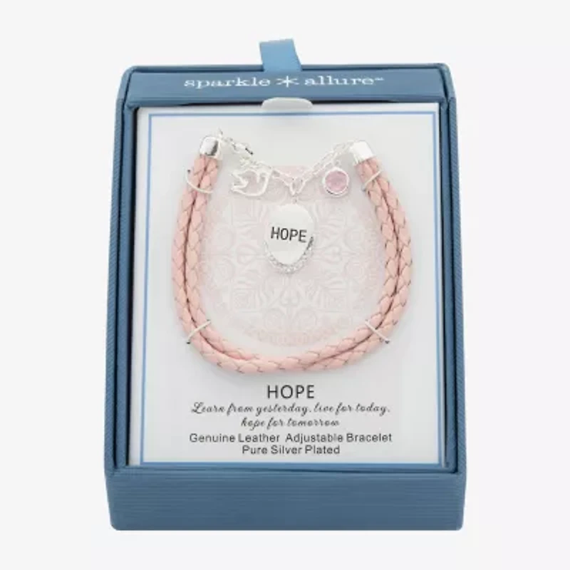 Sparkle Allure Pink Leather Hope Dove Womens Cubic Zirconia Pure Silver Over Brass Round Charm Bracelet