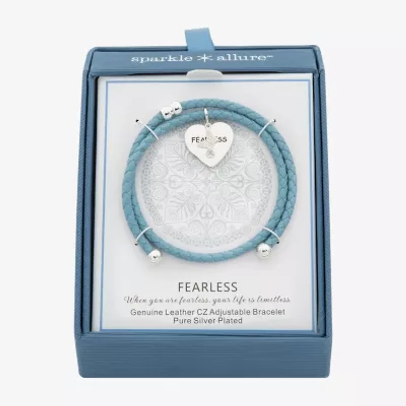 Sparkle Allure Blue Leather Coil Fearless Womens Cubic Zirconia Pure Silver Over Brass Wrap Bracelet