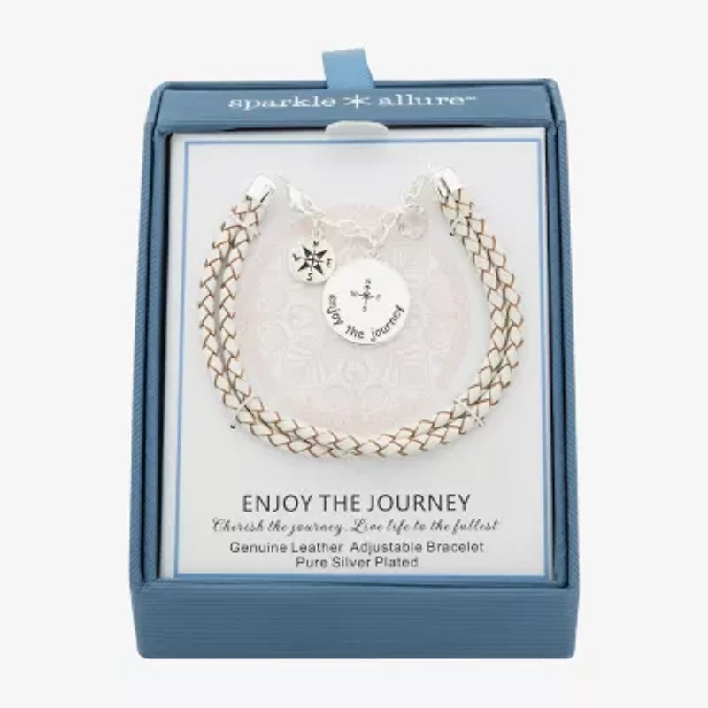 Sparkle Allure White Leather Compass Womens Cubic Zirconia Pure Silver Over Brass Round Charm Bracelet