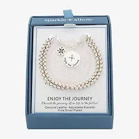 Sparkle Allure White Leather Compass Womens Cubic Zirconia Pure Silver Over Brass Round Charm Bracelet
