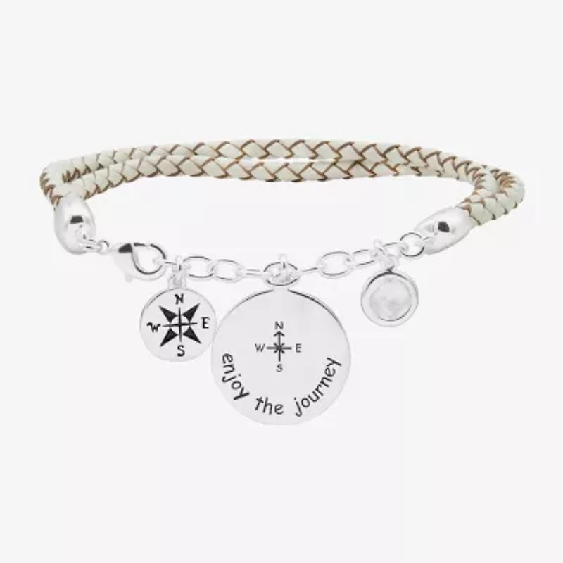 Sparkle Allure White Leather Compass Womens Cubic Zirconia Pure Silver Over Brass Round Charm Bracelet