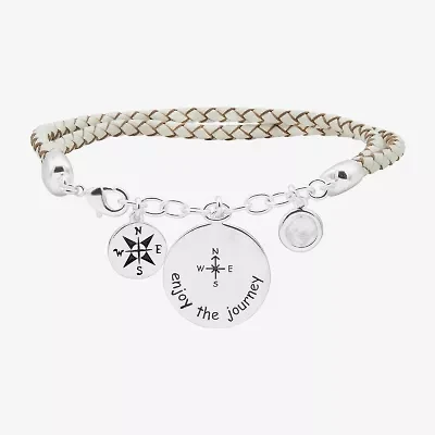 Sparkle Allure White Leather Compass Womens Cubic Zirconia Pure Silver Over Brass Round Charm Bracelet