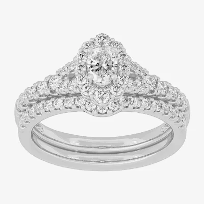 H-I / Si1-Si2) Womens / CT. T.W. Lab Grown White Diamond 10K Gold Oval Side Stone Halo Bridal Set