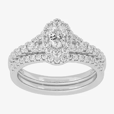 H-I / Si1-Si2) Womens / CT. T.W. Lab Grown White Diamond 10K Gold Oval Side Stone Halo Bridal Set
