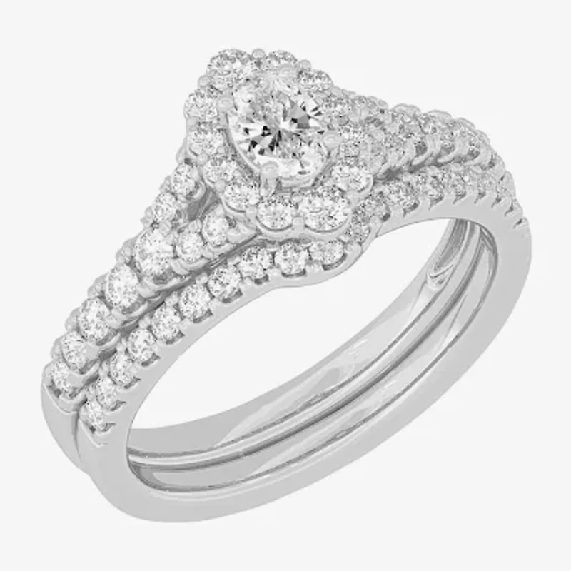 H-I / Si1-Si2) Womens / CT. T.W. Lab Grown White Diamond 10K Gold Oval Side Stone Halo Bridal Set