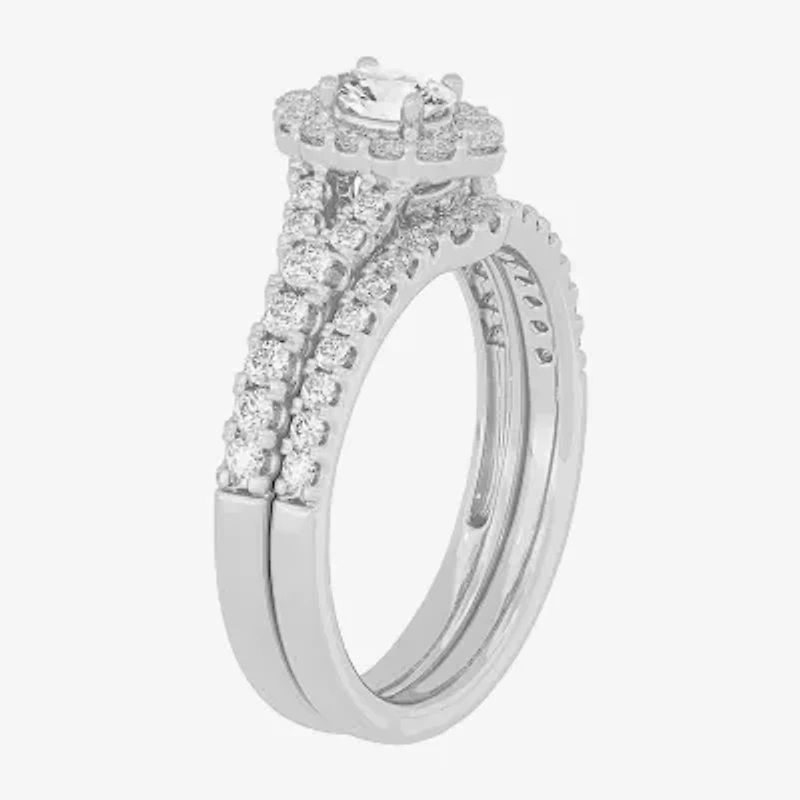 H-I / Si1-Si2) Womens / CT. T.W. Lab Grown White Diamond 10K Gold Oval Side Stone Halo Bridal Set