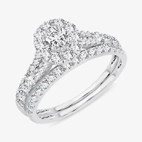 Womens 1 CT.T.W. Natural Diamond 10K or 14K White Gold Oval Side Stone Halo Bridal Set