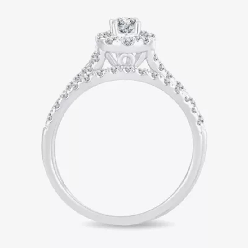 Womens 1 CT.T.W. Natural Diamond 10K or 14K White Gold Oval Side Stone Halo Bridal Set