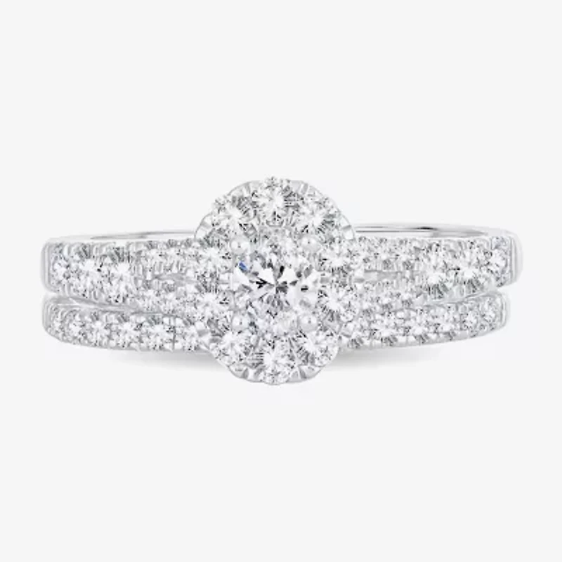 Womens 1 CT.T.W. Natural Diamond 10K or 14K White Gold Oval Side Stone Halo Bridal Set