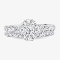 Womens 1 CT.T.W. Natural Diamond 10K or 14K White Gold Oval Side Stone Halo Bridal Set