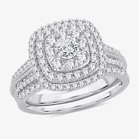Womens 1 CT.T.W. Natural Diamond 10K or 14K White Gold Cushion Side Stone Halo Bridal Set