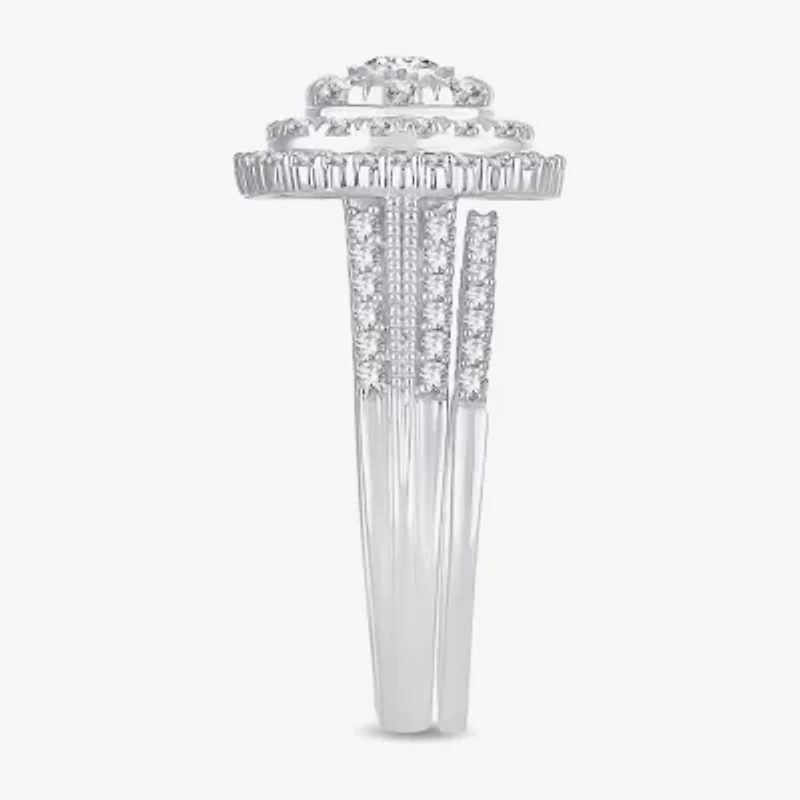 Womens 1 CT.T.W. Natural Diamond 10K or 14K White Gold Cushion Side Stone Halo Bridal Set