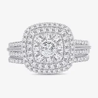 Womens 1 CT.T.W. Natural Diamond 10K or 14K White Gold Cushion Side Stone Halo Bridal Set