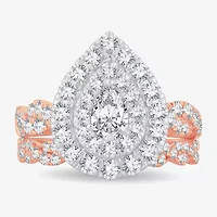 Signature By Modern Bride Womens 2 CT.T.W. Natural Diamond 10K or 14K Gold Pear Side Stone Halo Bridal Set