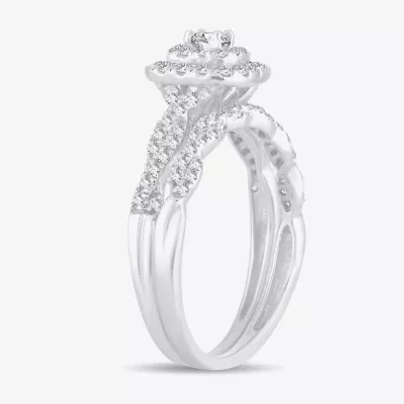 Womens 1/2 CT.T.W. Natural Diamond 10K or 14K White Gold Cushion Halo Bridal Set