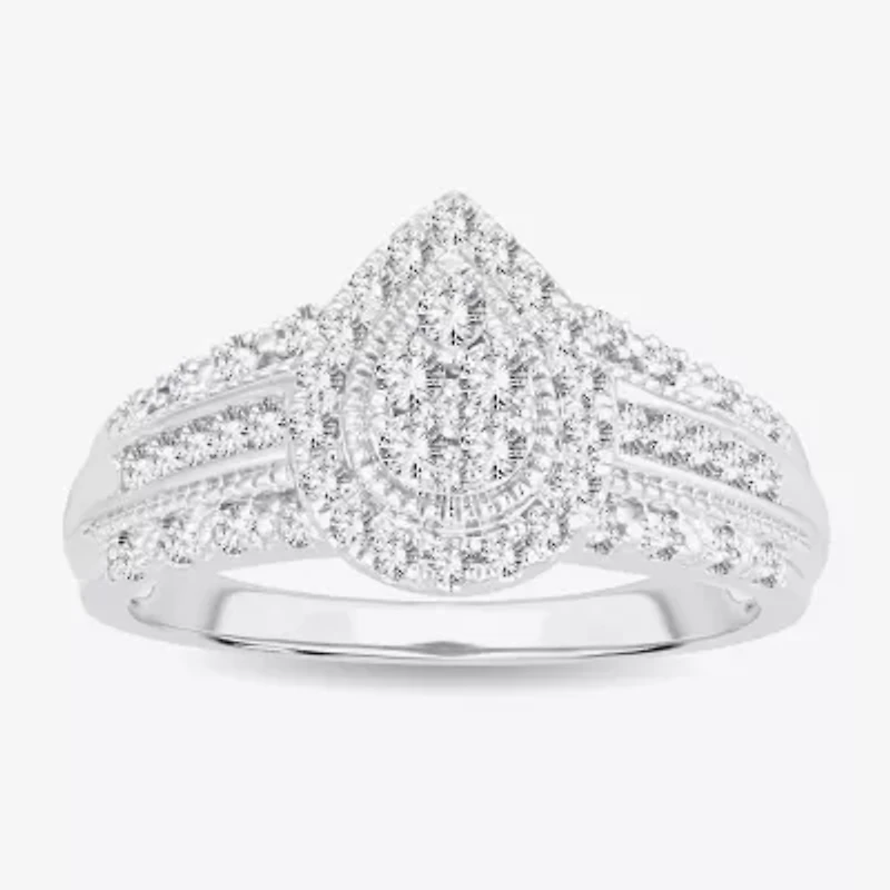 Womens 1/2 CT.T.W. Natural Diamond 10K or 14K White Gold Pear Side Stone Halo Engagement Ring