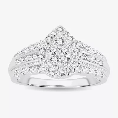 Womens 1/2 CT.T.W. Natural Diamond 10K or 14K White Gold Pear Side Stone Halo Engagement Ring