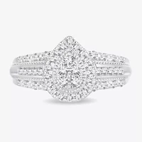 Womens 1/2 CT.T.W. Natural Diamond 10K or 14K White Gold Pear Side Stone Halo Engagement Ring
