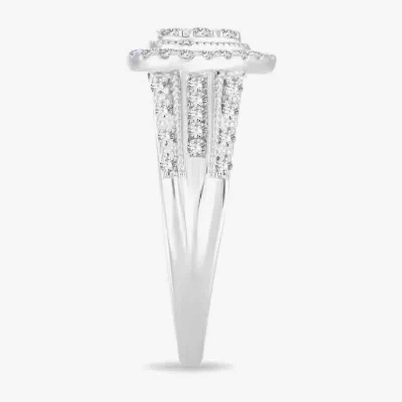Womens 1/2 CT.T.W. Natural Diamond 10K or 14K White Gold Pear Side Stone Halo Engagement Ring