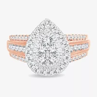 Womens 1 CT.T.W. Natural Diamond 10K or 14K Rose Gold Pear Side Stone Halo Engagement Ring