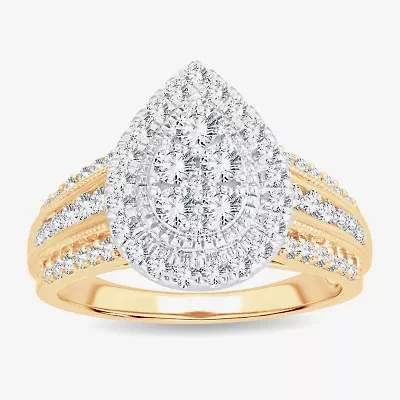 Womens 1 CT.T.W. Natural Diamond 10K or 14K Gold Pear Side Stone Halo Engagement Ring