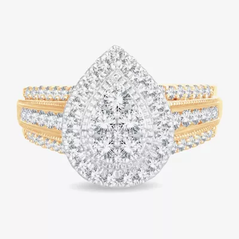 Womens 1 CT.T.W. Natural Diamond 10K or 14K Gold Pear Side Stone Halo Engagement Ring