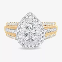 Womens 1 CT.T.W. Natural Diamond 10K or 14K Gold Pear Side Stone Halo Engagement Ring