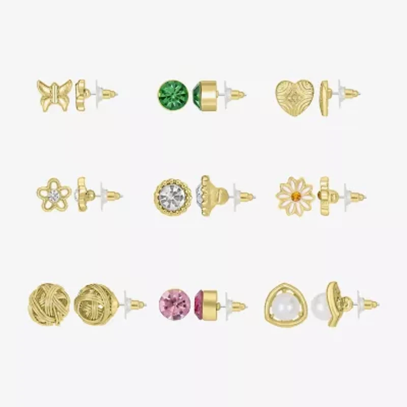 Bijoux Bar Delicates Gold Tone Womens Multi Color Simulated Pearl Butterfly Circle Flower 9 Pair Earring Set