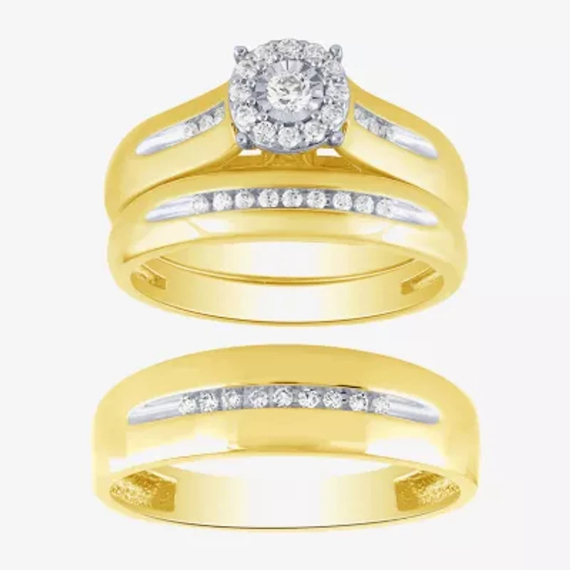 Unisex Adult 1/3 CT. T.W. White Diamond 10K Two Tone Gold Halo Side Stone Ring Set