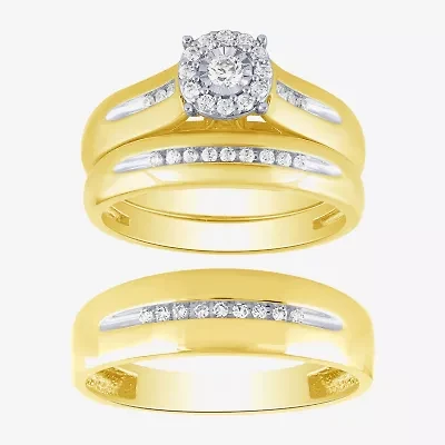 Unisex Adult 1/3 CT. T.W. White Diamond 10K Two Tone Gold Halo Side Stone Ring Set