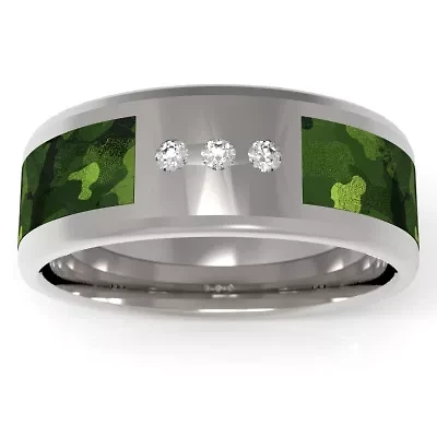 Green Camo Mens 7MM 1/10 CT. T.W. Natural White Diamond Stainless Steel Wedding Band
